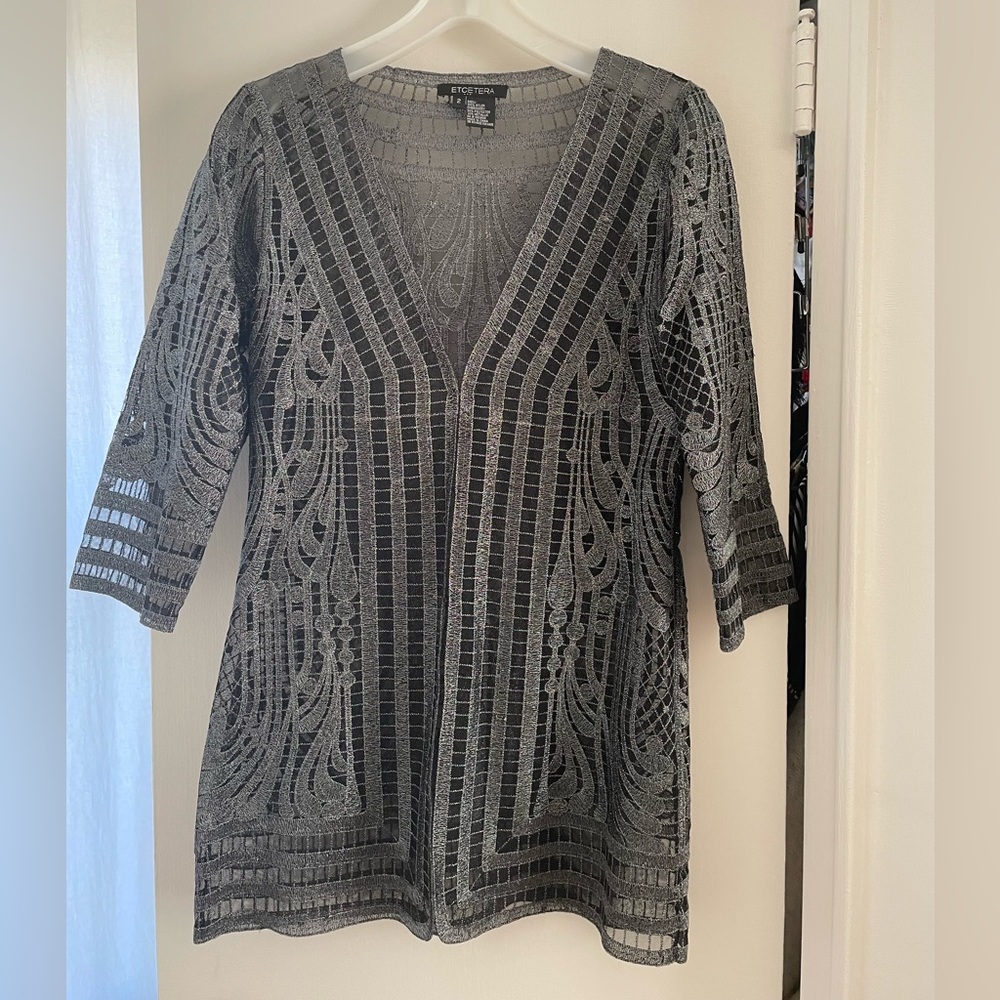 ETCETERA Metallic Gray Embroidered Tunic Cardigan  Women’s Size 2 (XS)